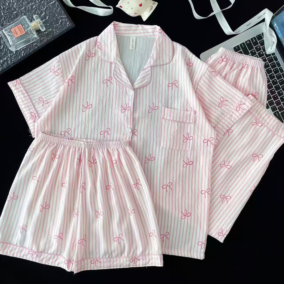 White Pink Stripes Bow PJ Set (3pc)