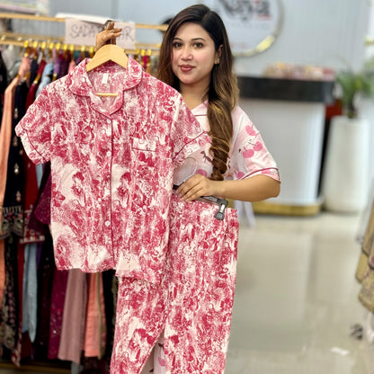 Half Sleeve White Red Printed PJ Set (3pc)