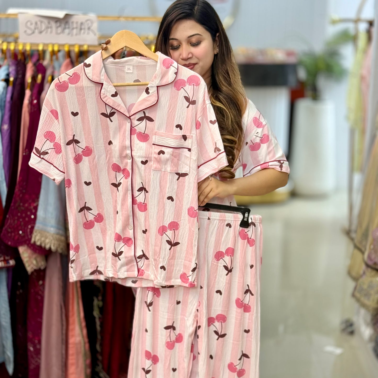 White Pink Cerry Print PJ Set (2pc)