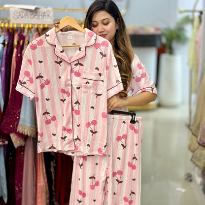 White Pink Cerry Print PJ Set (2pc)