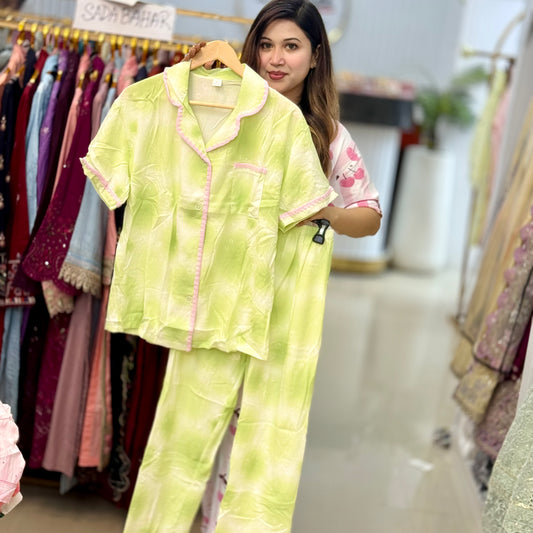 White Green Emroidery PJ Set (2pc)