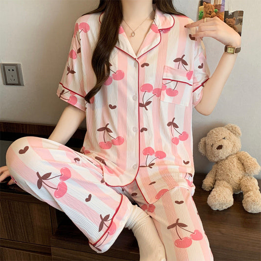White Pink Cerry Print PJ Set (2pc)