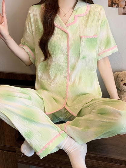 White Green Emroidery PJ Set (2pc)