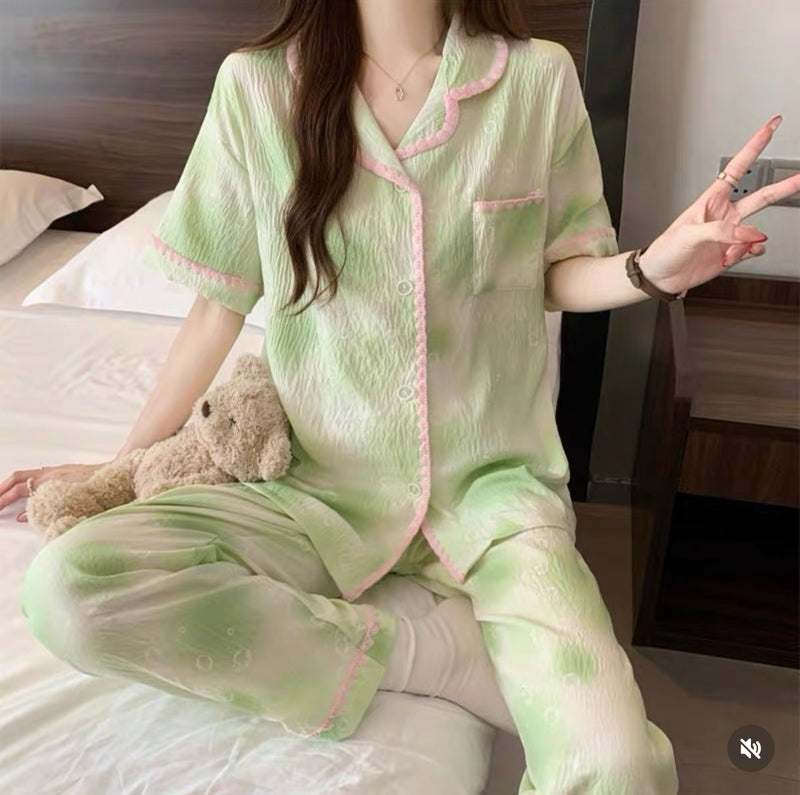 White Green Emroidery PJ Set (2pc)