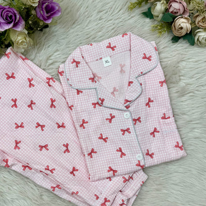 Half Sleeve Check Bow Print PJ (2pc)