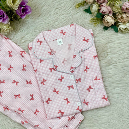 Half Sleeve Check Bow Print PJ (2pc)