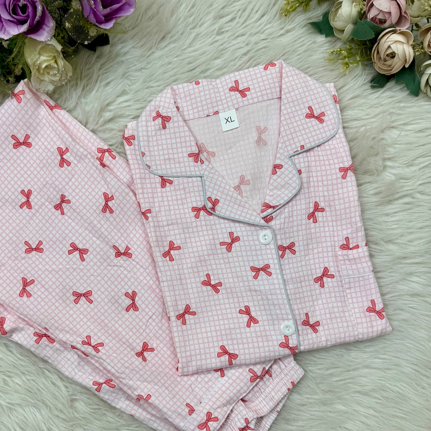 Half Sleeve Check Bow Print PJ (2pc)