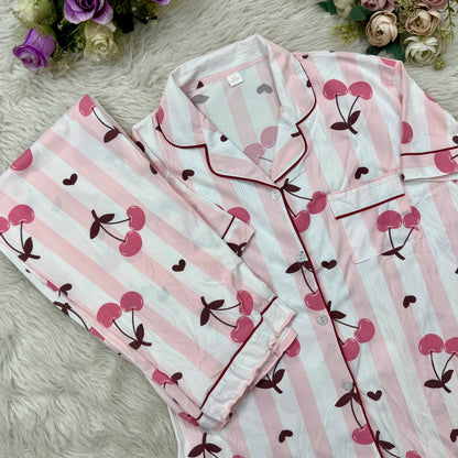 White Pink Cerry Print PJ Set (2pc)