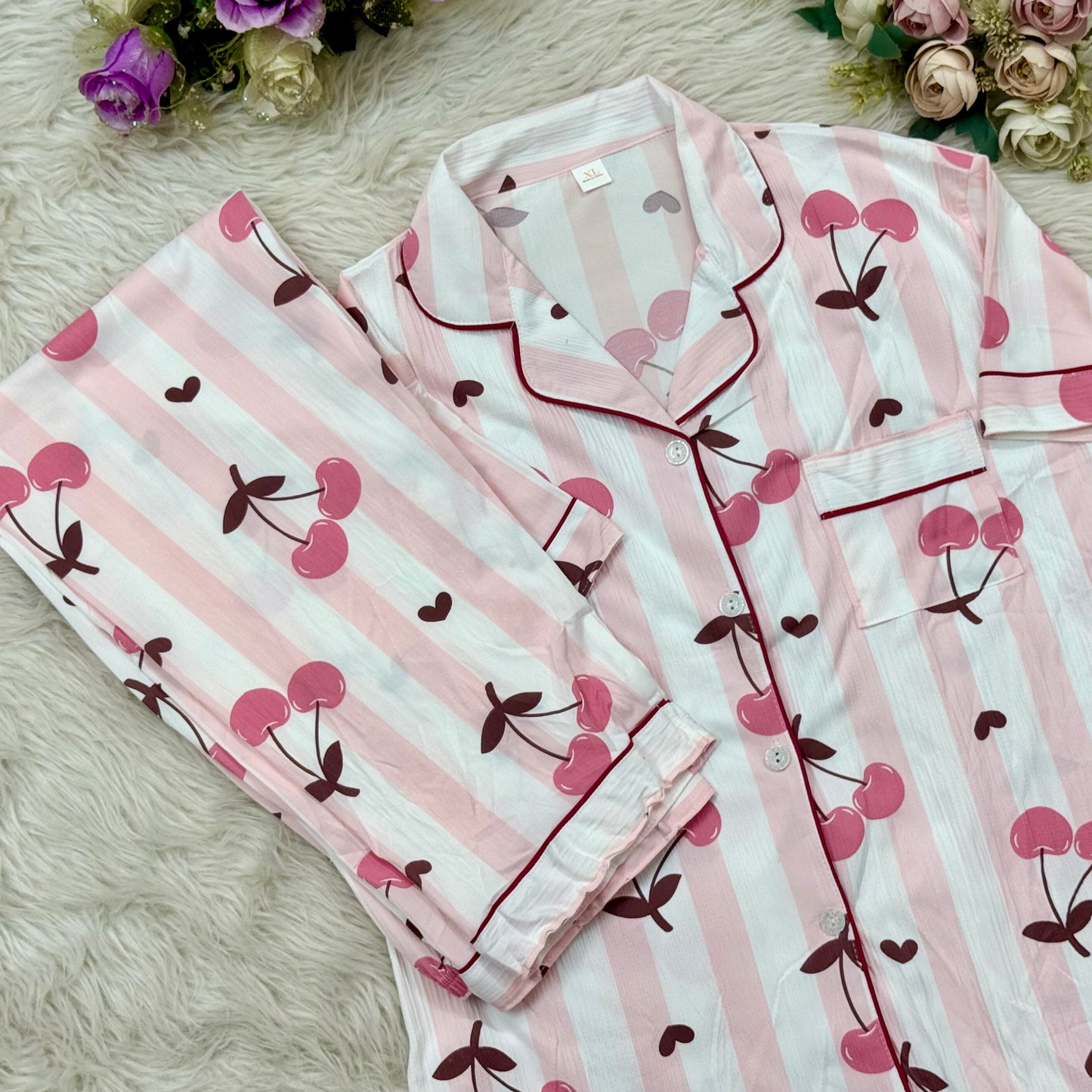 White Pink Cerry Print PJ Set (2pc)