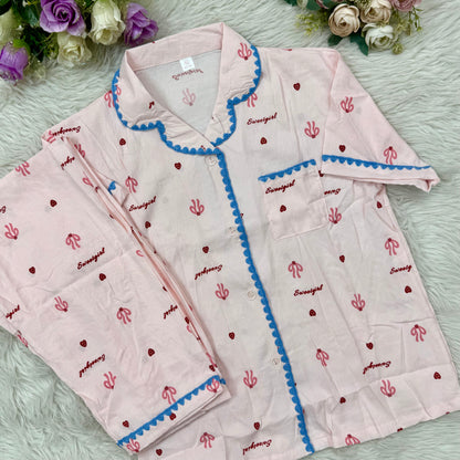 Half Sleeve Baby Pink Embroidery PJ Set (2pc)