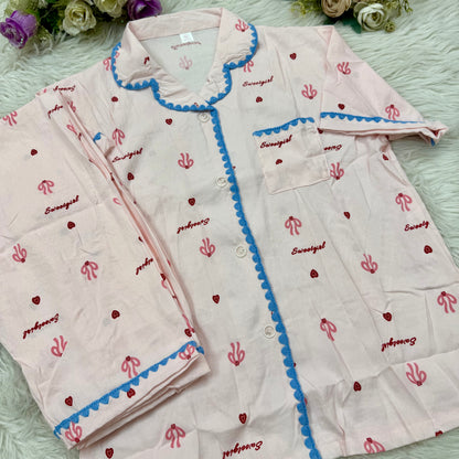 Half Sleeve Baby Pink Embroidery PJ Set (2pc)