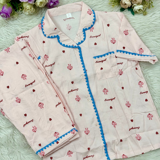 Half Sleeve Baby Pink Embroidery PJ Set (2pc)