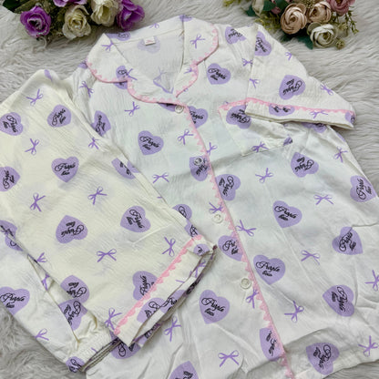 Half Sleeve Lavender Heart Embroidery PJ Set (2pc)