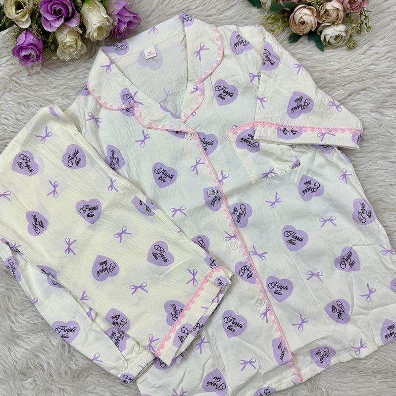 Half Sleeve Lavender Heart Embroidery PJ Set (2pc)