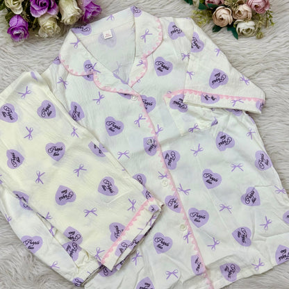 Half Sleeve Lavender Heart Embroidery PJ Set (2pc)