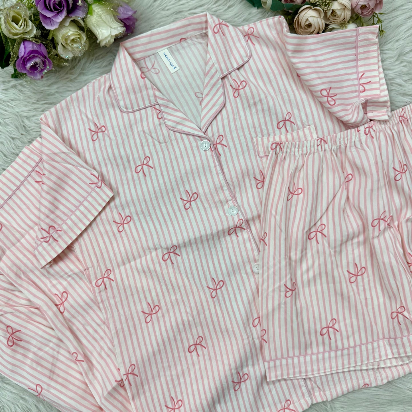 White Pink Stripes Bow PJ Set (3pc)