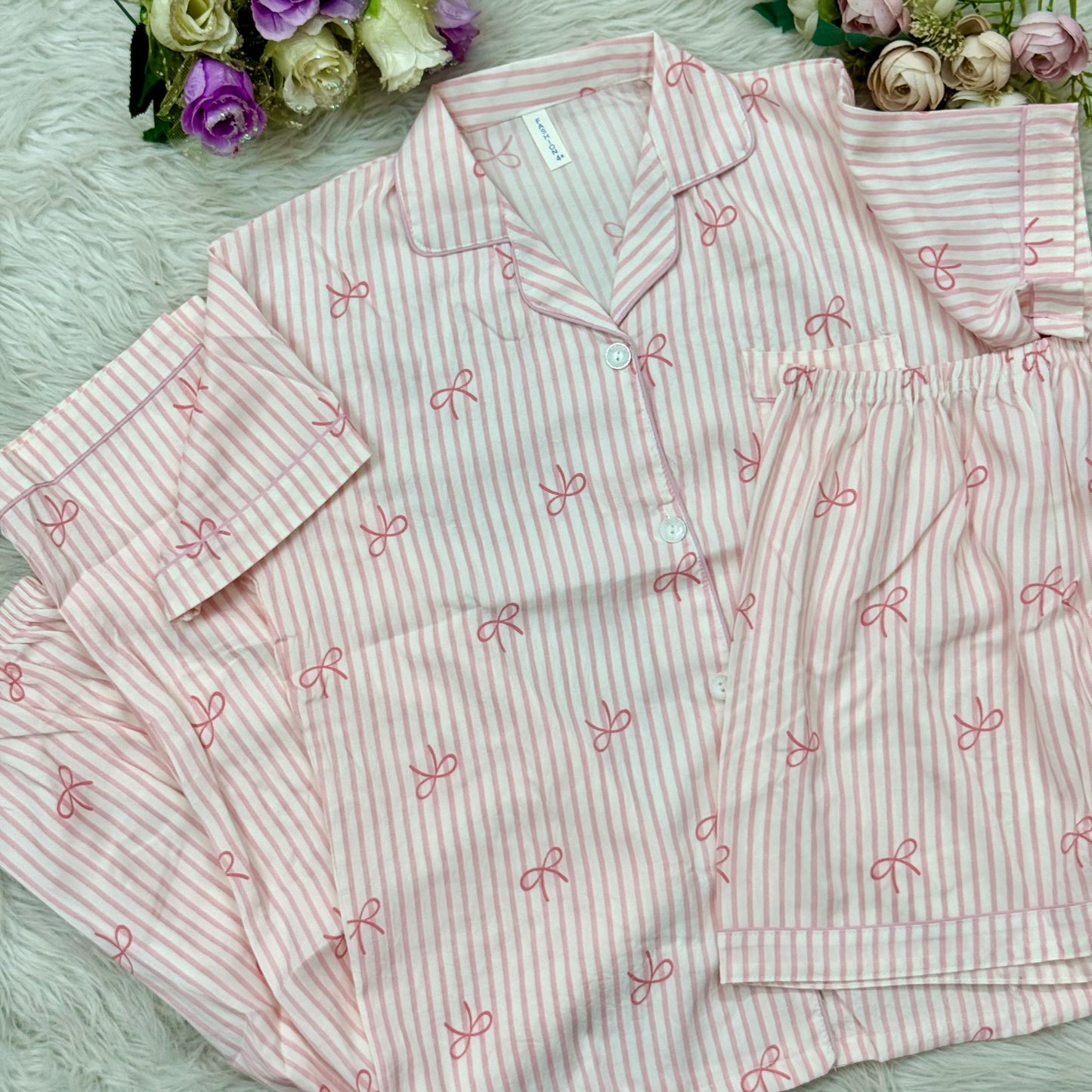 White Pink Stripes Bow PJ Set (3pc)