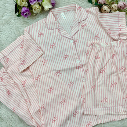 White Pink Stripes Bow PJ Set (3pc)